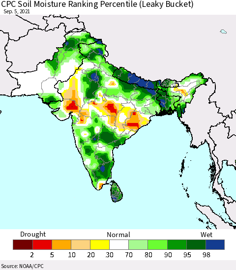 Southern Asia CPC Calculated Soil Moisture Ranking Percentile Thematic Map For 9/1/2021 - 9/5/2021