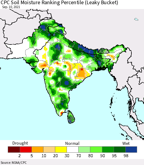 Southern Asia CPC Calculated Soil Moisture Ranking Percentile Thematic Map For 9/6/2021 - 9/10/2021