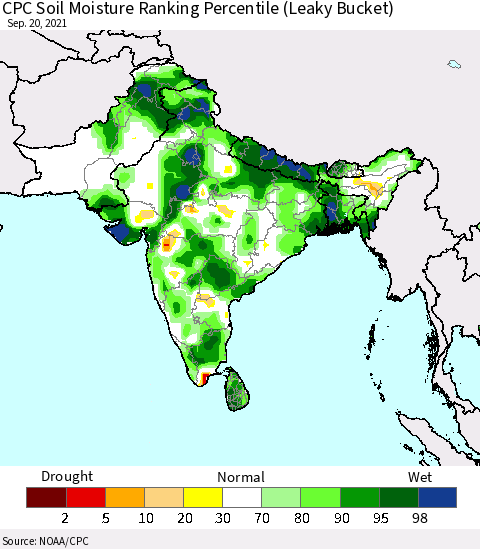 Southern Asia CPC Calculated Soil Moisture Ranking Percentile Thematic Map For 9/16/2021 - 9/20/2021