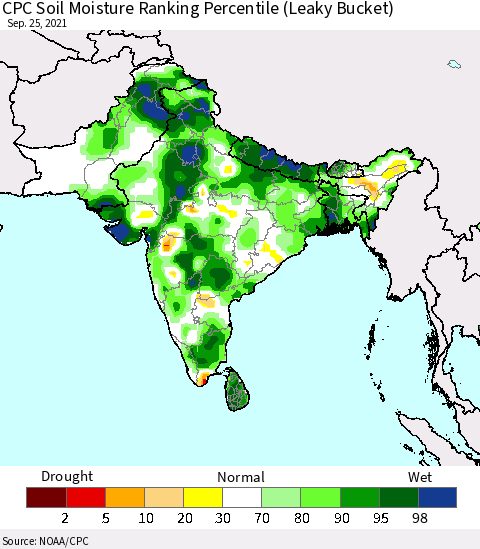 Southern Asia CPC Calculated Soil Moisture Ranking Percentile Thematic Map For 9/21/2021 - 9/25/2021