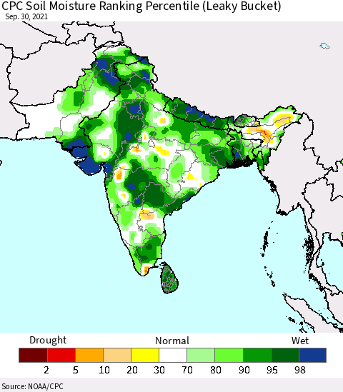 Southern Asia CPC Soil Moisture Ranking Percentile (Leaky Bucket) Thematic Map For 9/26/2021 - 9/30/2021