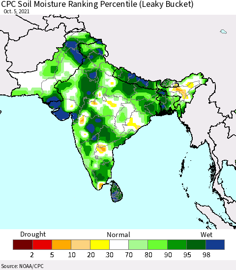 Southern Asia CPC Soil Moisture Ranking Percentile Thematic Map For 10/1/2021 - 10/5/2021