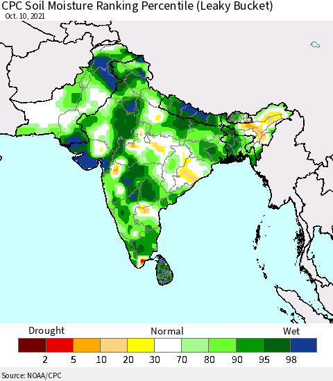 Southern Asia CPC Calculated Soil Moisture Ranking Percentile Thematic Map For 10/6/2021 - 10/10/2021