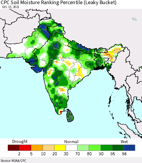 Southern Asia CPC Soil Moisture Ranking Percentile Thematic Map For 10/11/2021 - 10/15/2021
