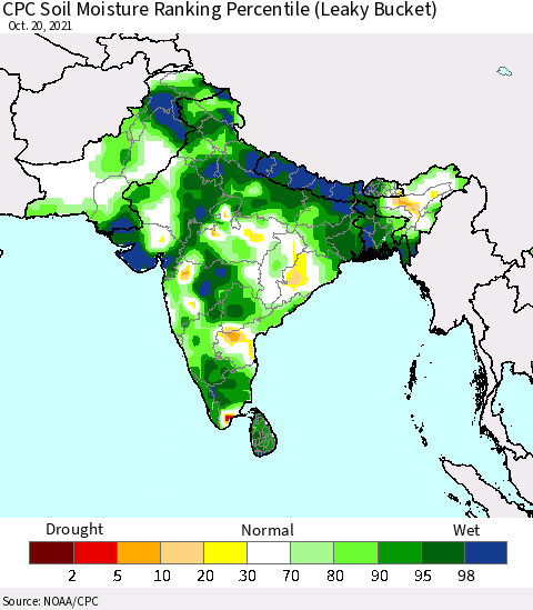 Southern Asia CPC Soil Moisture Ranking Percentile (Leaky Bucket) Thematic Map For 10/16/2021 - 10/20/2021