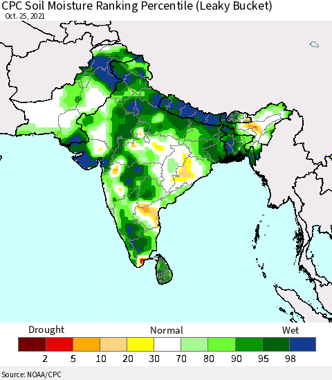 Southern Asia CPC Soil Moisture Ranking Percentile Thematic Map For 10/21/2021 - 10/25/2021