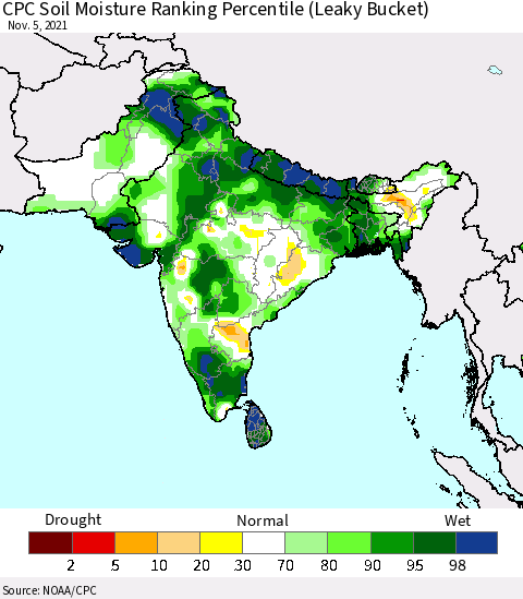 Southern Asia CPC Calculated Soil Moisture Ranking Percentile Thematic Map For 11/1/2021 - 11/5/2021