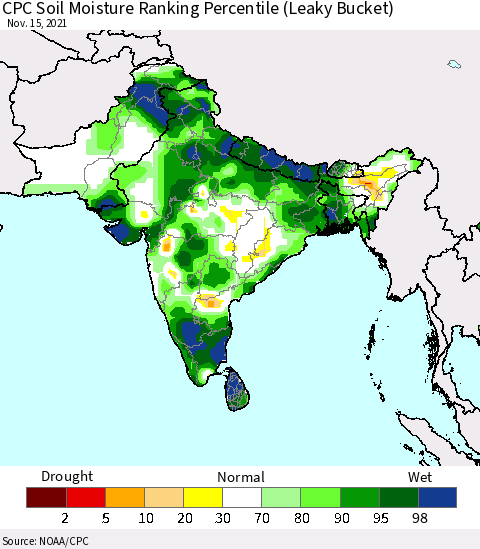 Southern Asia CPC Calculated Soil Moisture Ranking Percentile Thematic Map For 11/11/2021 - 11/15/2021