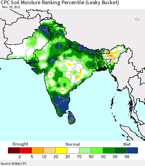 Southern Asia CPC Soil Moisture Ranking Percentile (Leaky Bucket) Thematic Map For 11/26/2021 - 11/30/2021