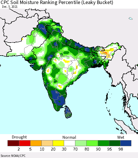 Southern Asia CPC Soil Moisture Ranking Percentile (Leaky Bucket) Thematic Map For 12/1/2021 - 12/5/2021