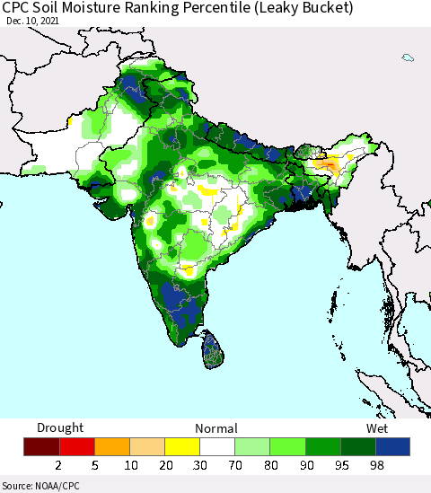 Southern Asia CPC Calculated Soil Moisture Ranking Percentile Thematic Map For 12/6/2021 - 12/10/2021