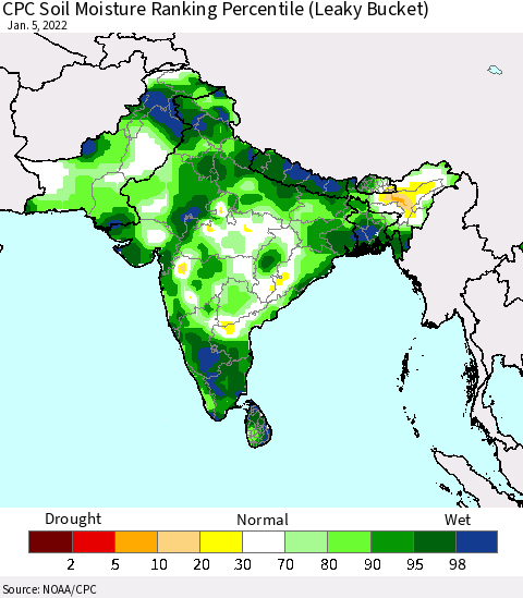 Southern Asia CPC Soil Moisture Ranking Percentile (Leaky Bucket) Thematic Map For 1/1/2022 - 1/5/2022