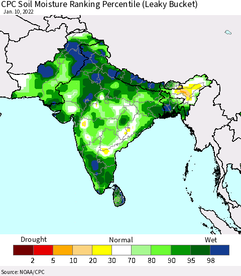 Southern Asia CPC Calculated Soil Moisture Ranking Percentile Thematic Map For 1/6/2022 - 1/10/2022