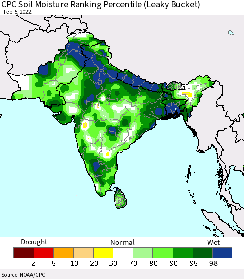 Southern Asia CPC Soil Moisture Ranking Percentile (Leaky Bucket) Thematic Map For 2/1/2022 - 2/5/2022