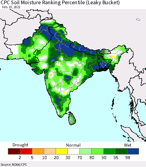 Southern Asia CPC Calculated Soil Moisture Ranking Percentile Thematic Map For 2/6/2022 - 2/10/2022