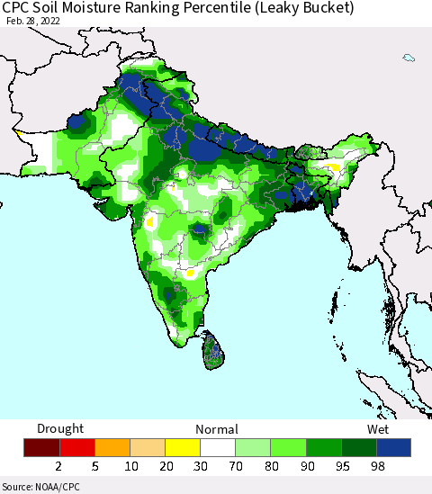 Southern Asia CPC Soil Moisture Ranking Percentile Thematic Map For 2/26/2022 - 2/28/2022