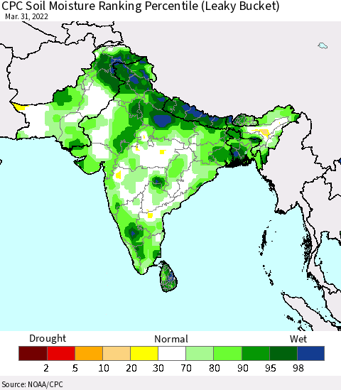 Southern Asia CPC Soil Moisture Ranking Percentile (Leaky Bucket) Thematic Map For 3/26/2022 - 3/31/2022