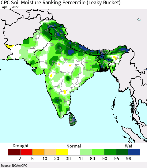 Southern Asia CPC Soil Moisture Ranking Percentile Thematic Map For 4/1/2022 - 4/5/2022