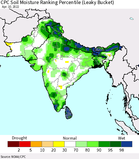 Southern Asia CPC Soil Moisture Ranking Percentile Thematic Map For 4/6/2022 - 4/10/2022