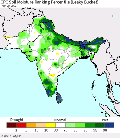 Southern Asia CPC Soil Moisture Ranking Percentile Thematic Map For 4/16/2022 - 4/20/2022