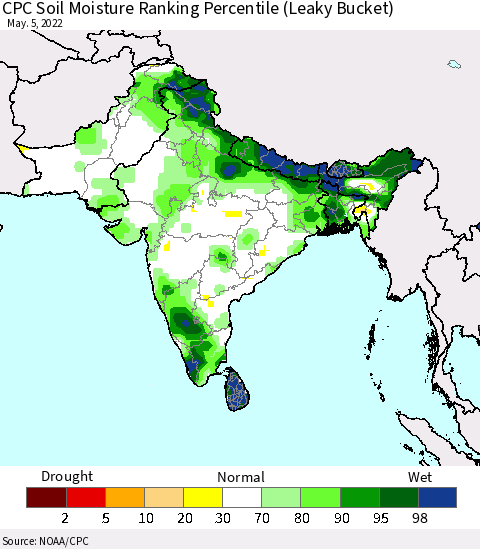 Southern Asia CPC Calculated Soil Moisture Ranking Percentile Thematic Map For 5/1/2022 - 5/5/2022