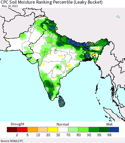Southern Asia CPC Soil Moisture Ranking Percentile (Leaky Bucket) Thematic Map For 5/6/2022 - 5/10/2022