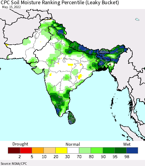 Southern Asia CPC Soil Moisture Ranking Percentile Thematic Map For 5/11/2022 - 5/15/2022