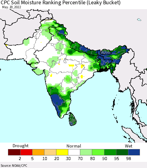 Southern Asia CPC Soil Moisture Ranking Percentile Thematic Map For 5/16/2022 - 5/20/2022