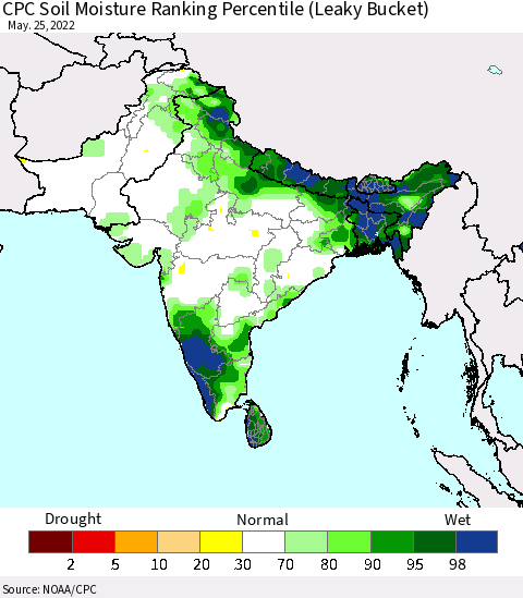 Southern Asia CPC Calculated Soil Moisture Ranking Percentile Thematic Map For 5/21/2022 - 5/25/2022