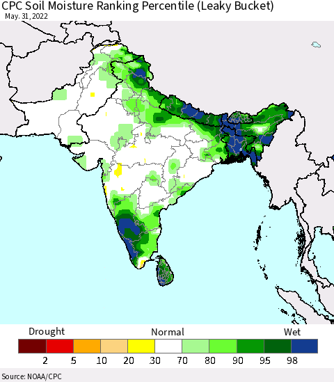 Southern Asia CPC Soil Moisture Ranking Percentile (Leaky Bucket) Thematic Map For 5/26/2022 - 5/31/2022