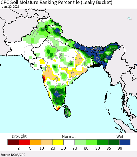 Southern Asia CPC Calculated Soil Moisture Ranking Percentile Thematic Map For 6/16/2022 - 6/20/2022