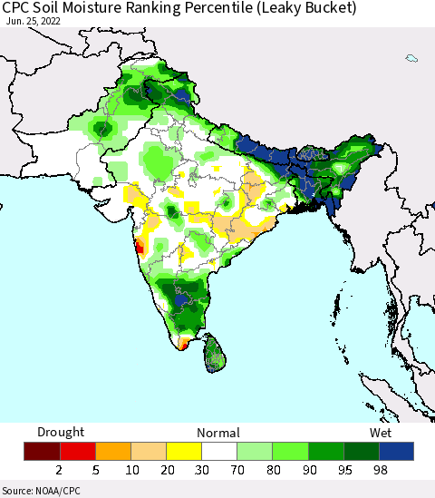 Southern Asia CPC Soil Moisture Ranking Percentile Thematic Map For 6/21/2022 - 6/25/2022