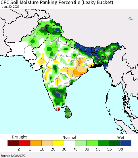 Southern Asia CPC Soil Moisture Ranking Percentile Thematic Map For 6/26/2022 - 6/30/2022