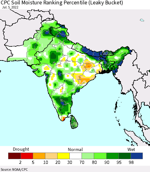 Southern Asia CPC Soil Moisture Ranking Percentile Thematic Map For 7/1/2022 - 7/5/2022