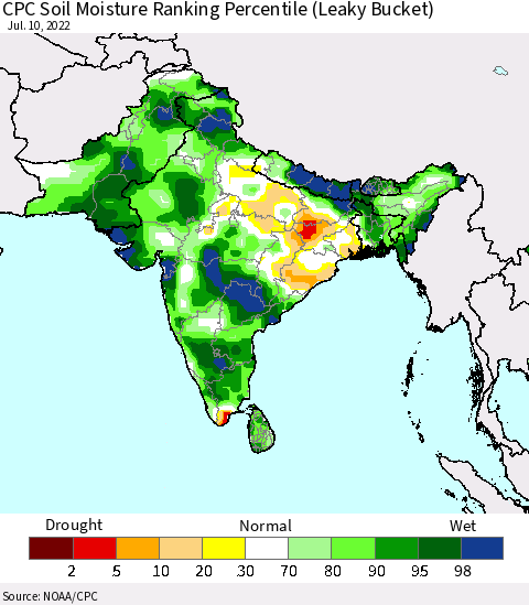 Southern Asia CPC Calculated Soil Moisture Ranking Percentile Thematic Map For 7/6/2022 - 7/10/2022