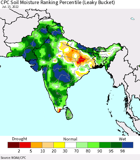 Southern Asia CPC Calculated Soil Moisture Ranking Percentile Thematic Map For 7/11/2022 - 7/15/2022
