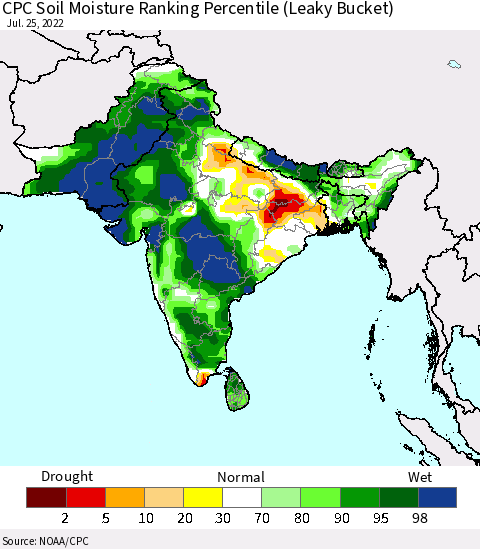Southern Asia CPC Calculated Soil Moisture Ranking Percentile Thematic Map For 7/21/2022 - 7/25/2022