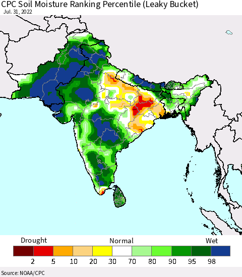 Southern Asia CPC Soil Moisture Ranking Percentile (Leaky Bucket) Thematic Map For 7/26/2022 - 7/31/2022
