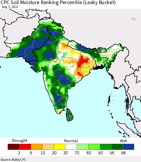 Southern Asia CPC Soil Moisture Ranking Percentile (Leaky Bucket) Thematic Map For 8/1/2022 - 8/5/2022