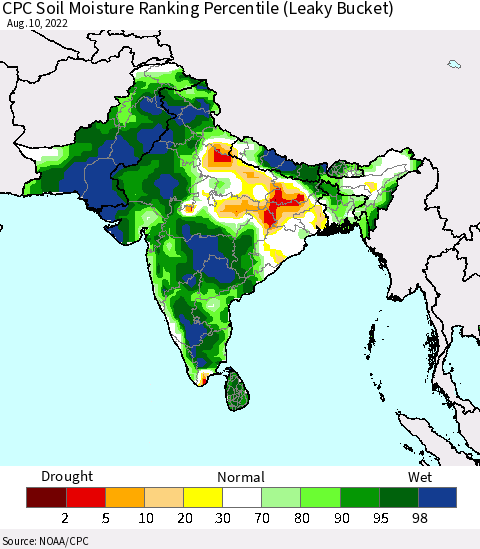 Southern Asia CPC Soil Moisture Ranking Percentile (Leaky Bucket) Thematic Map For 8/6/2022 - 8/10/2022