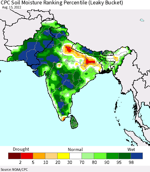 Southern Asia CPC Calculated Soil Moisture Ranking Percentile Thematic Map For 8/11/2022 - 8/15/2022