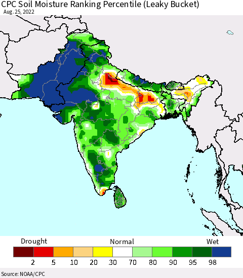 Southern Asia CPC Calculated Soil Moisture Ranking Percentile Thematic Map For 8/21/2022 - 8/25/2022