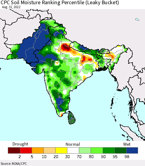 Southern Asia CPC Calculated Soil Moisture Ranking Percentile Thematic Map For 8/26/2022 - 8/31/2022