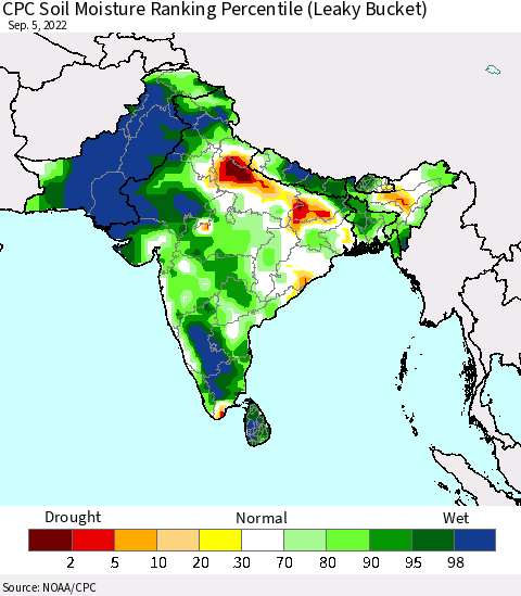 Southern Asia CPC Soil Moisture Ranking Percentile (Leaky Bucket) Thematic Map For 9/1/2022 - 9/5/2022