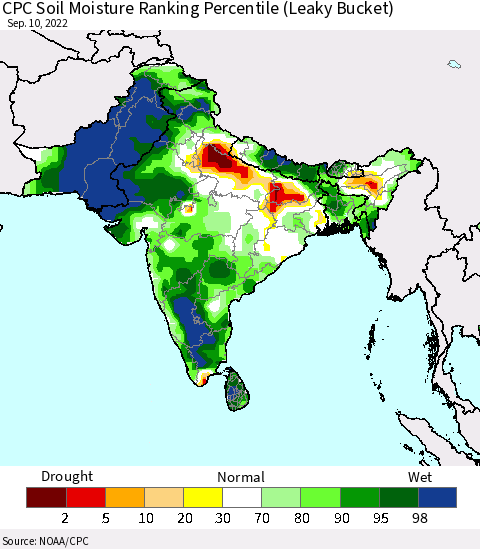 Southern Asia CPC Soil Moisture Ranking Percentile Thematic Map For 9/6/2022 - 9/10/2022