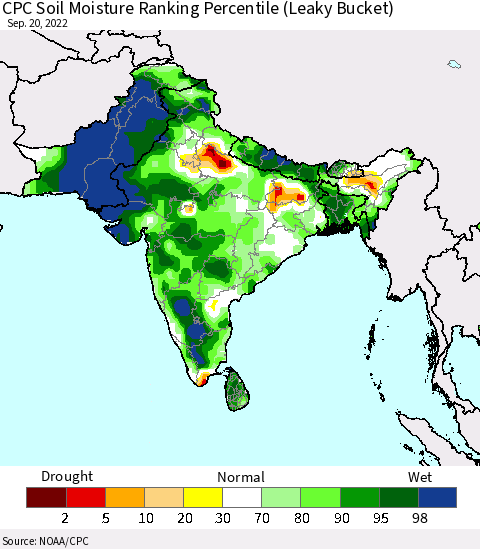 Southern Asia CPC Soil Moisture Ranking Percentile (Leaky Bucket) Thematic Map For 9/16/2022 - 9/20/2022