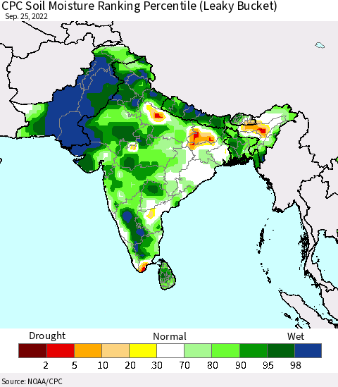 Southern Asia CPC Soil Moisture Ranking Percentile Thematic Map For 9/21/2022 - 9/25/2022