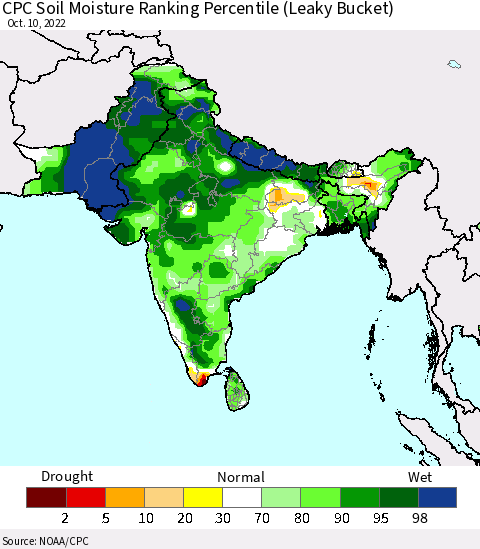 Southern Asia CPC Soil Moisture Ranking Percentile (Leaky Bucket) Thematic Map For 10/6/2022 - 10/10/2022