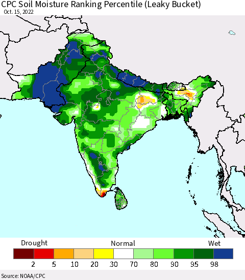 Southern Asia CPC Soil Moisture Ranking Percentile Thematic Map For 10/11/2022 - 10/15/2022