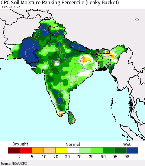 Southern Asia CPC Soil Moisture Ranking Percentile (Leaky Bucket) Thematic Map For 10/16/2022 - 10/20/2022